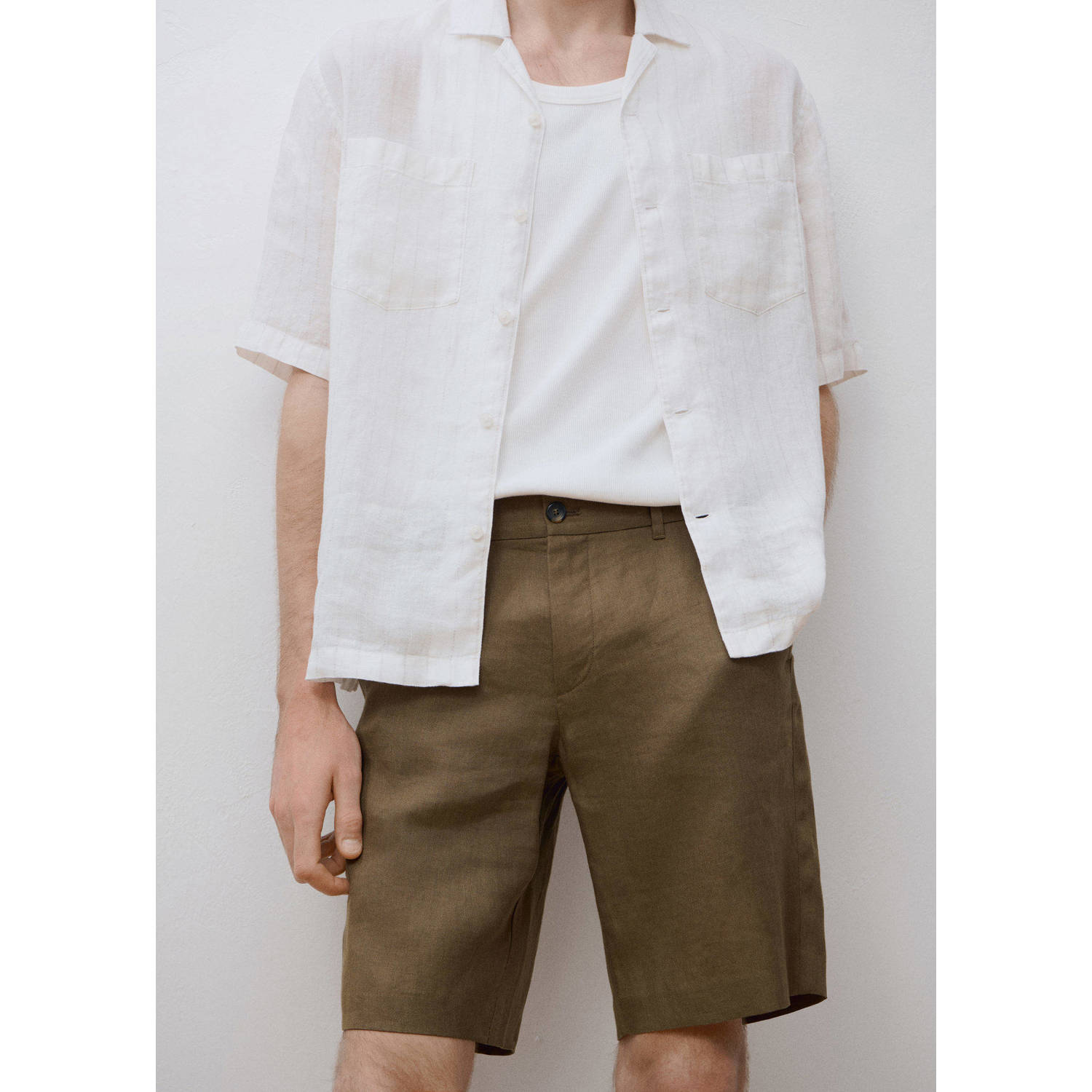 Mango Man linnen regular bermuda short kaki