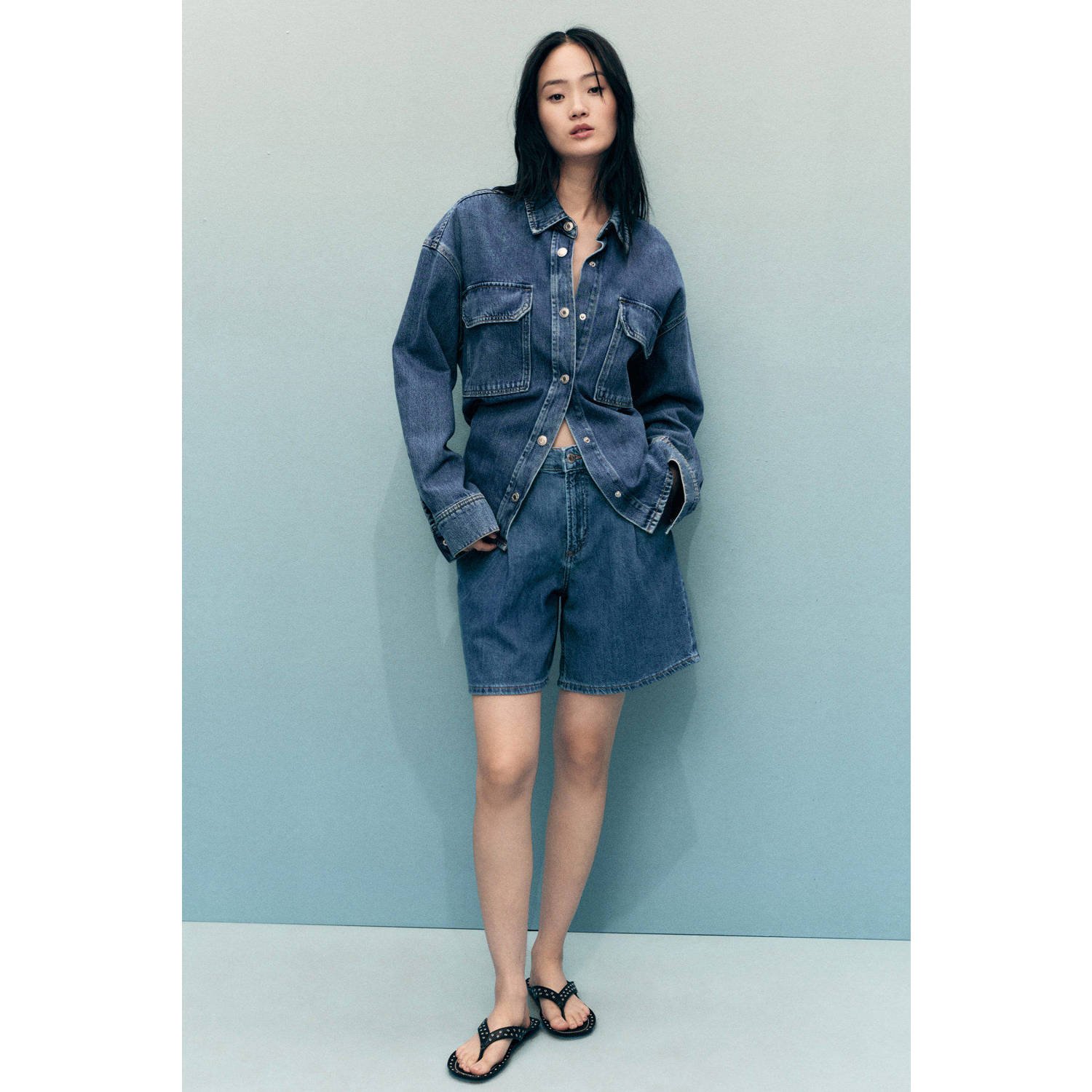 Mango denim straight high waist short medium blue denim