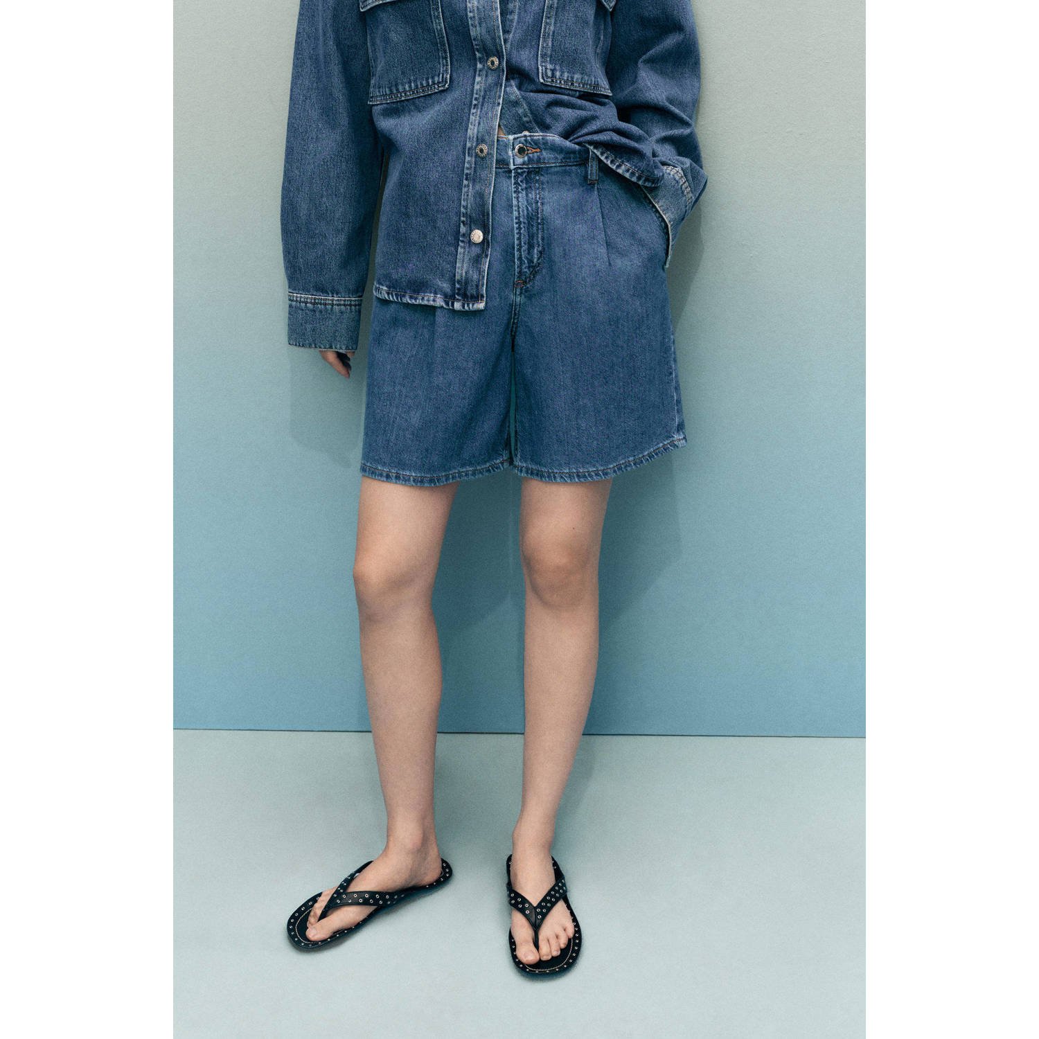 Mango denim straight high waist short medium blue denim