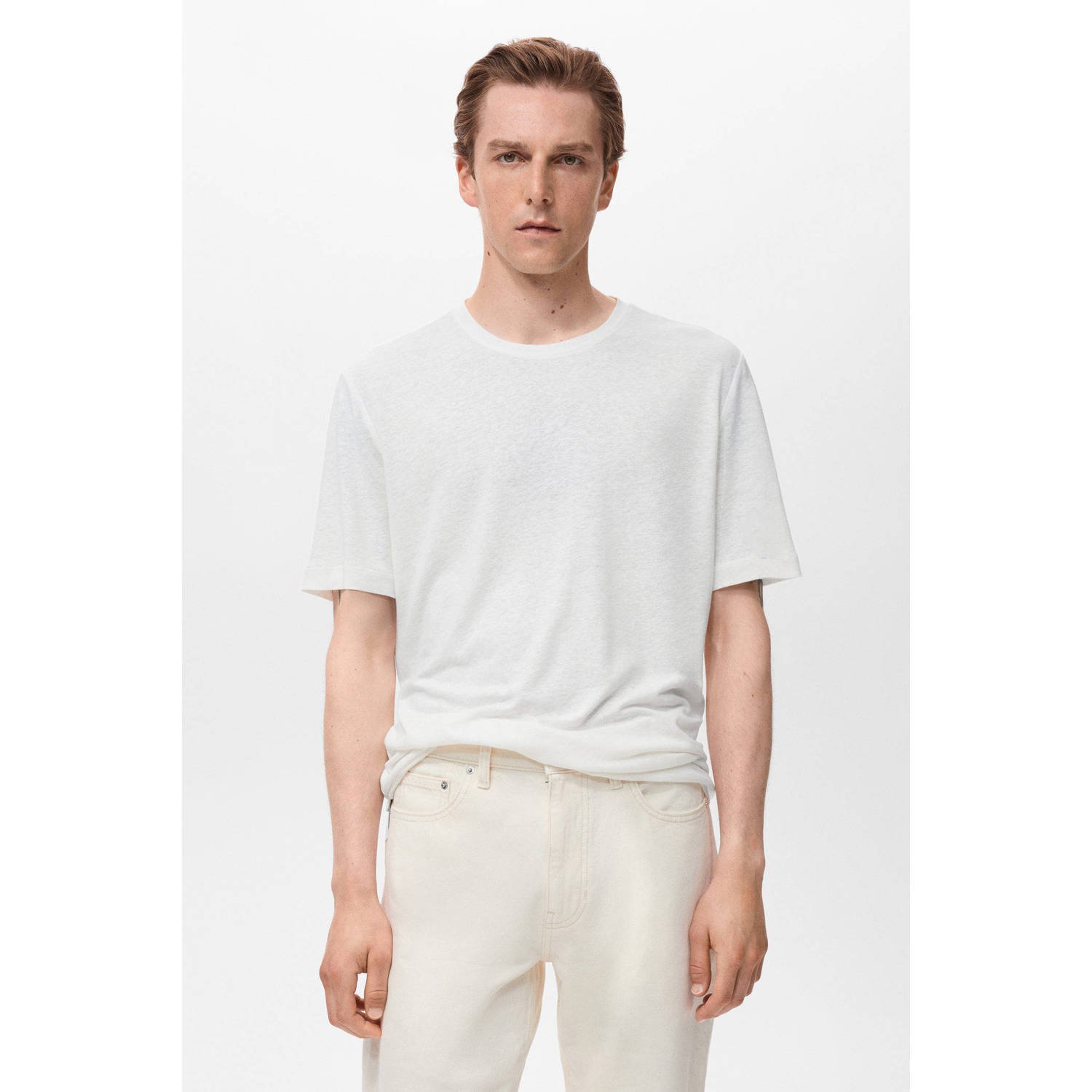 Mango Man linnen T-shirt wit