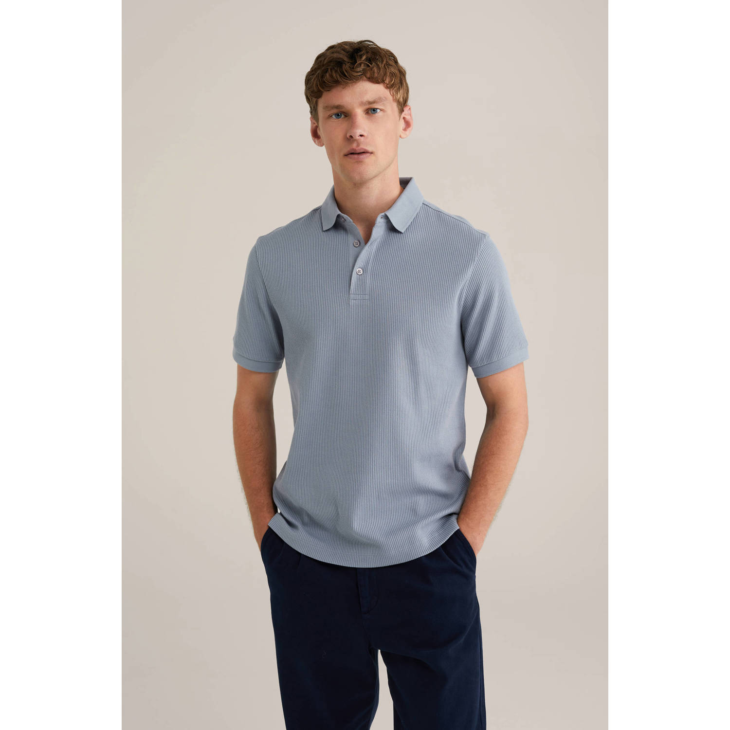 WE Fashion slim polo rib gebreid grijsblauw