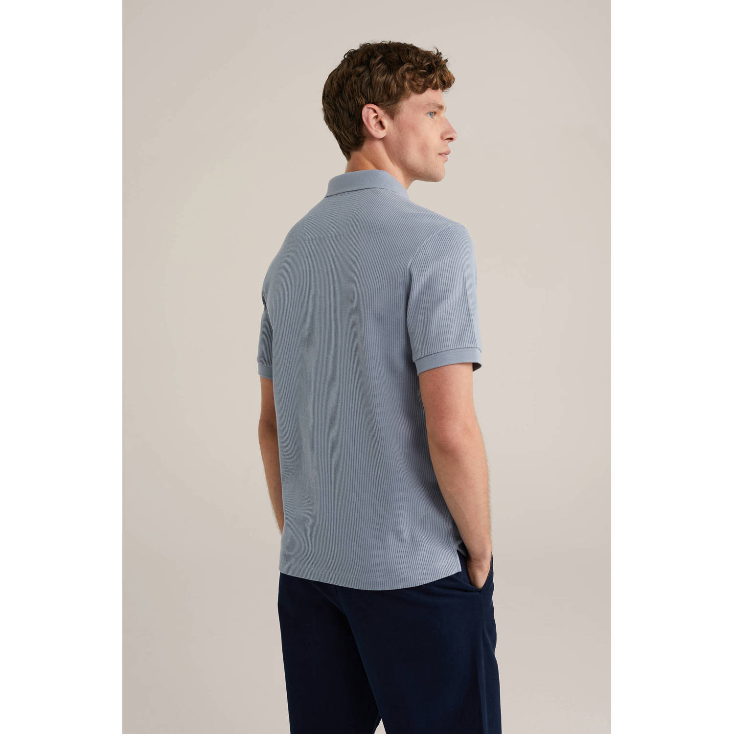 WE Fashion slim polo rib gebreid grijsblauw