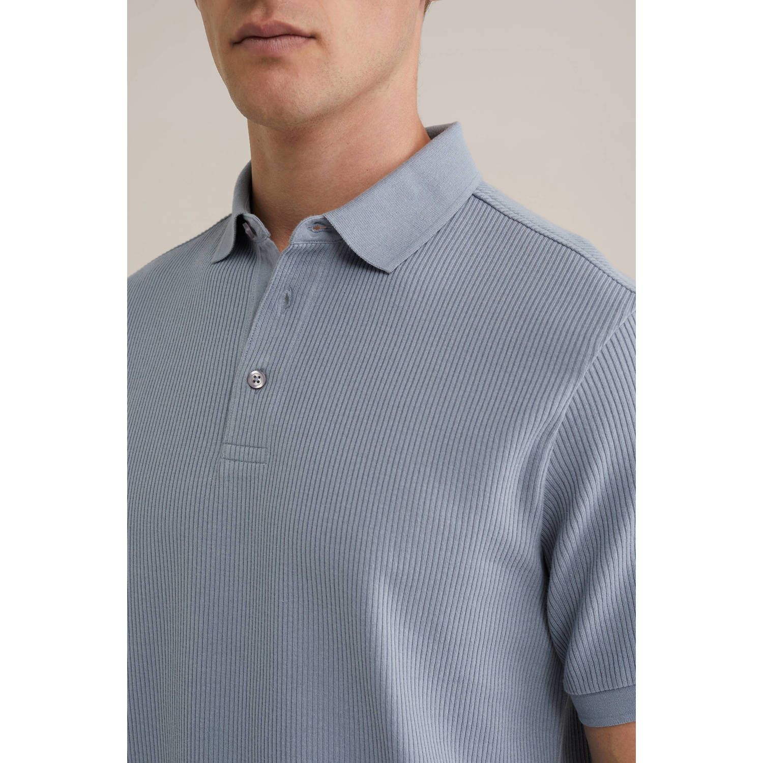 WE Fashion slim polo rib gebreid grijsblauw