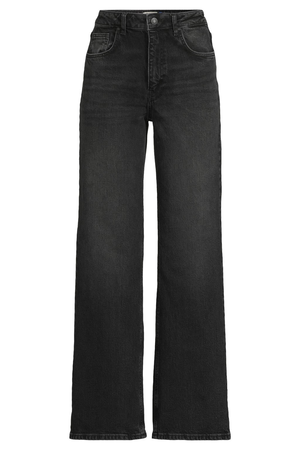 Dark blue denim dames LTB high waist wide leg jeans van denim met rits- en knoopsluiting en effen