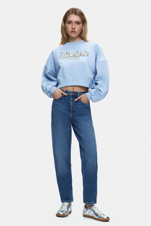 high waist straight leg jeans medium blue denim