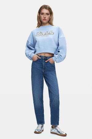 high waist straight leg jeans medium blue denim