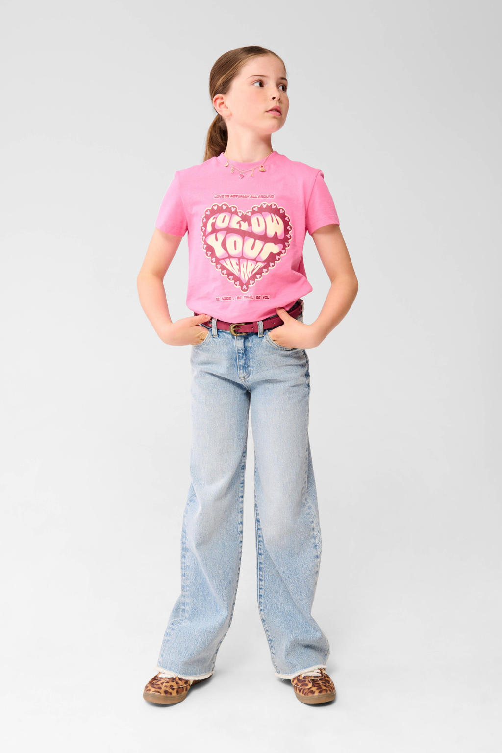Blauwe meisjes Shoeby high waist wide leg jeans van katoen met rits- en knoopsluiting en effen