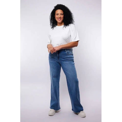 Exxcellent high waist wide leg jeans medium blue denim afbeelding