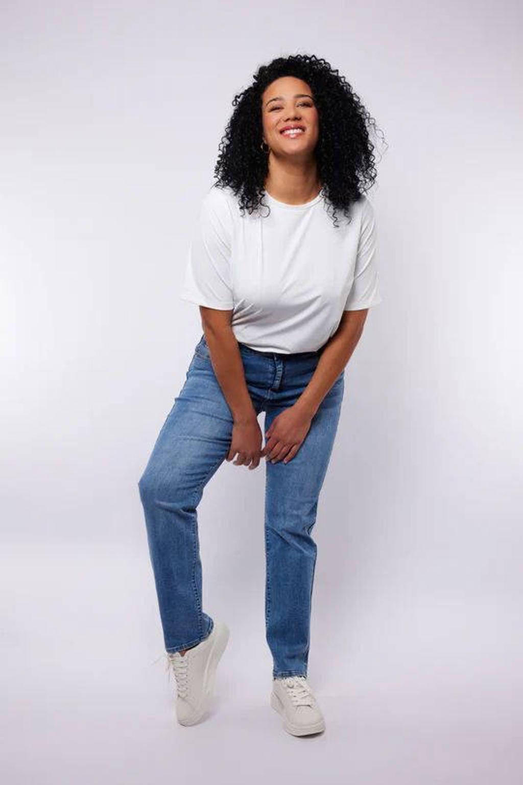 Medium blue denim dames Exxcellent straight leg jeans van denim met rits- en knoopsluiting en effen