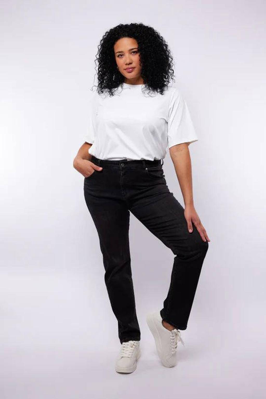 Black denim dames Exxcellent straight leg jeans black van denim met rits- en knoopsluiting en effen