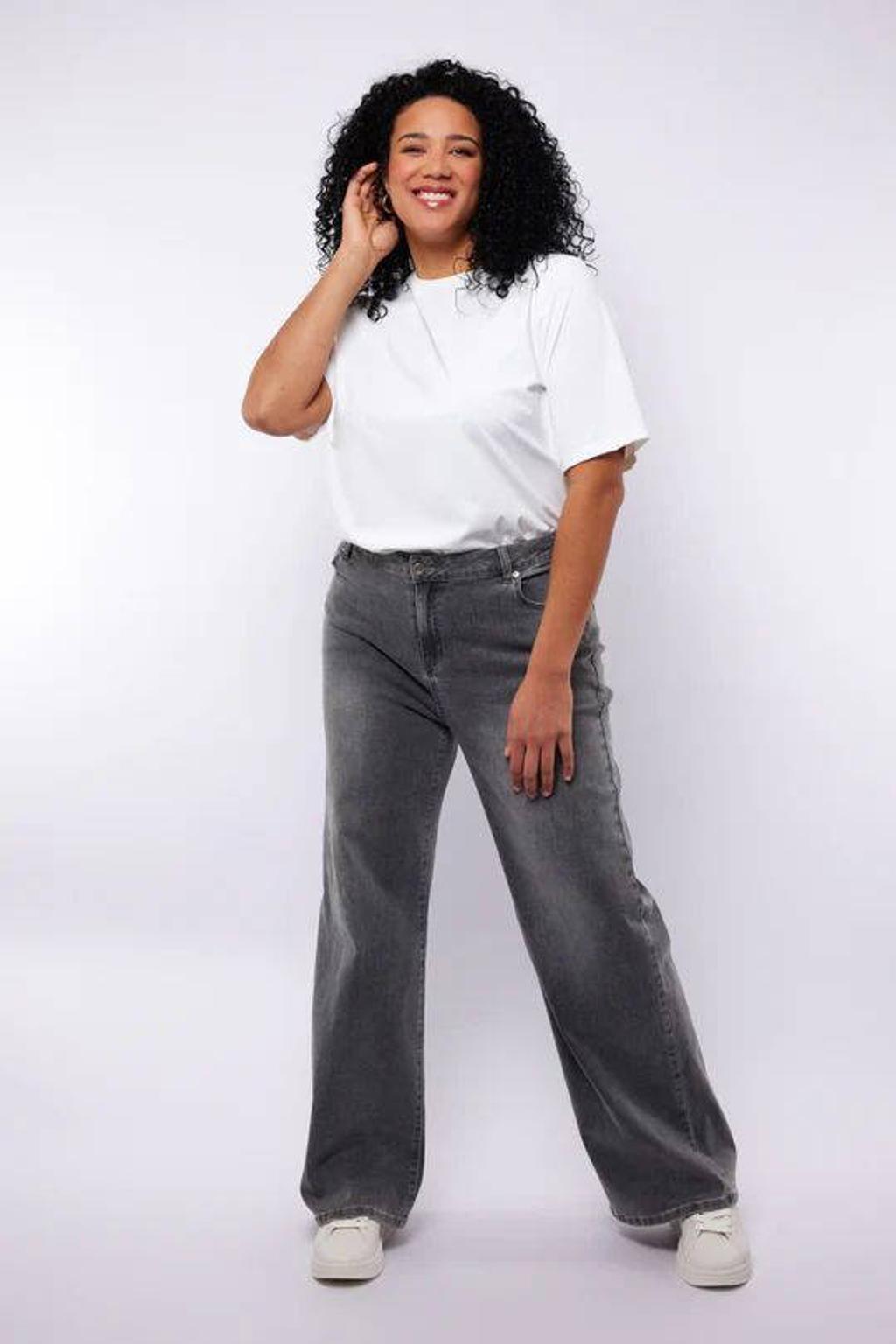 Grey denim dames Exxcellent wide leg jeans van denim met rits- en knoopsluiting en effen