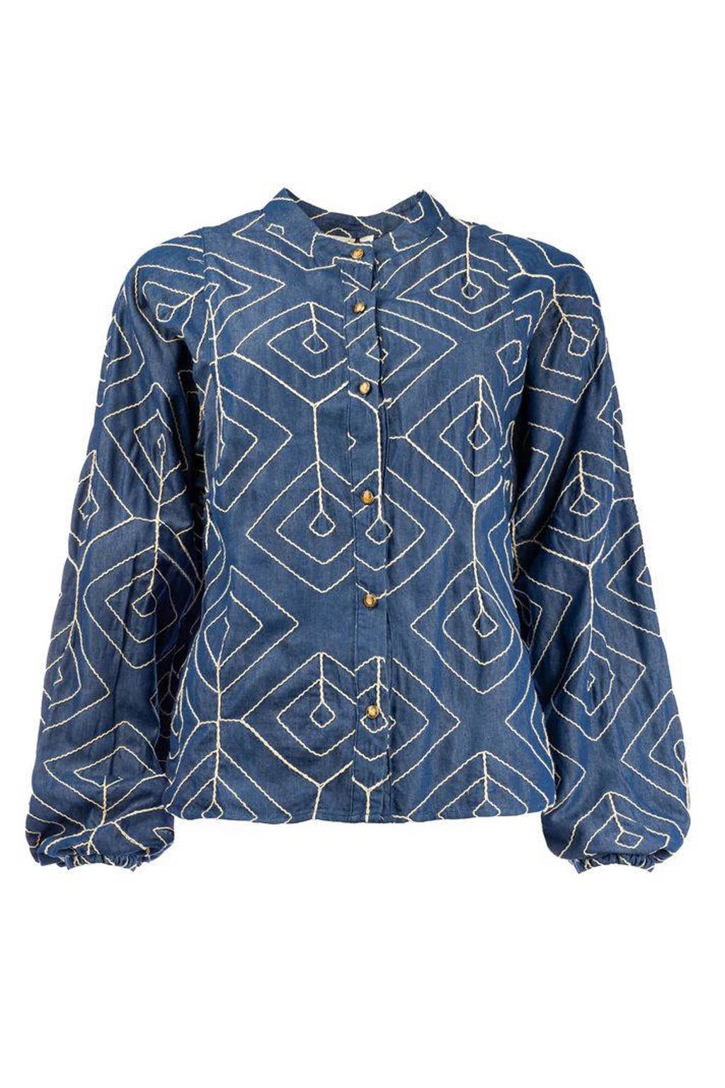Blauwe dames ICNK.Amsterdam blouse van katoen met grafische print, lange mouwen, opstaande kraag en knoopsluiting