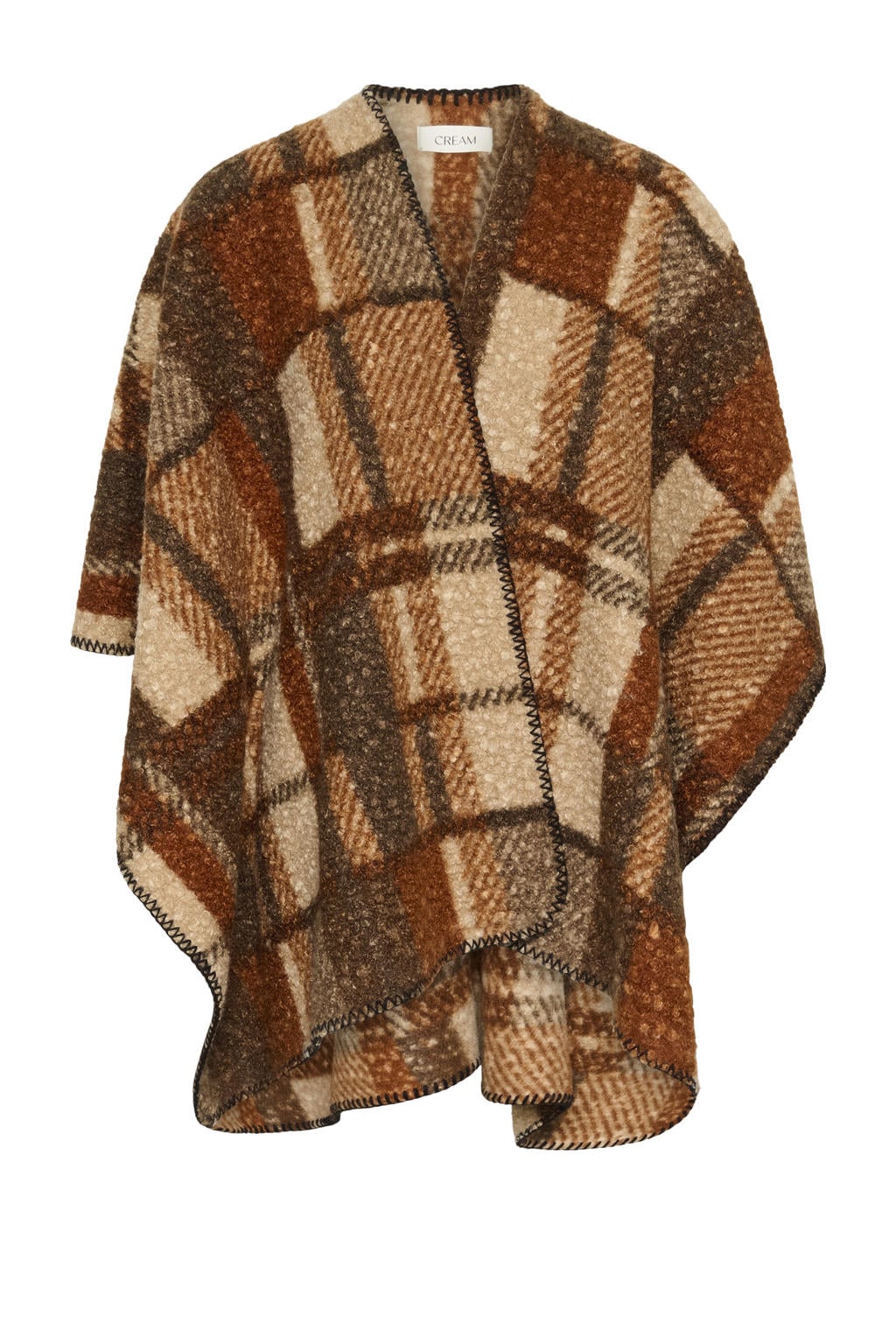 Bruin en ecru dames Cream CRBlye Teddy Cape geruite poncho van polyester met reverskraag