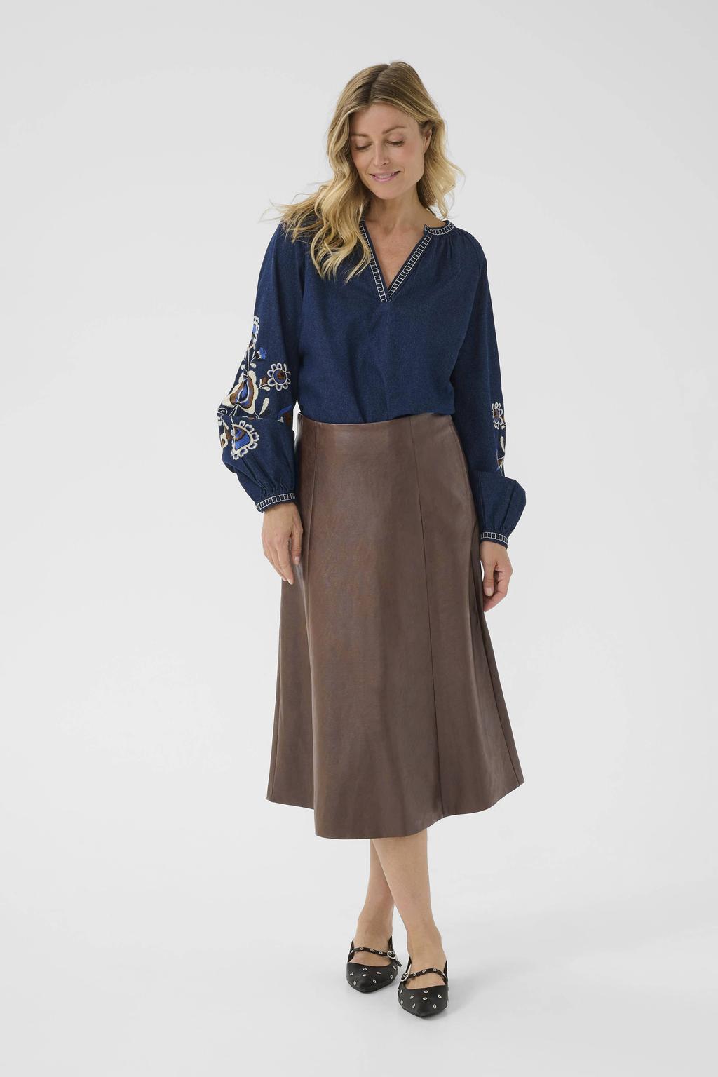 Bruine dames Cream imitatieleren midi rok voorzien van ritssluiting