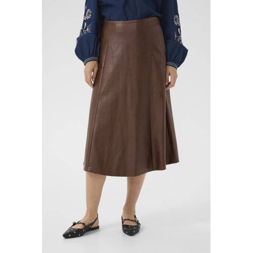 Cream imitatieleren midi rok bruin afbeelding