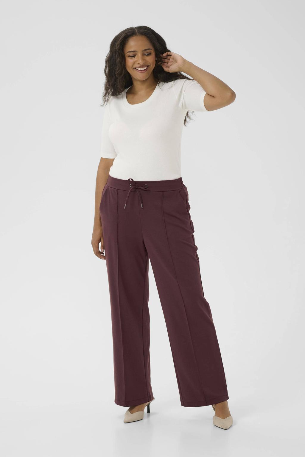 Donkerrode dames Kaffe Curve wide leg high waist broek met elastische tailleband met koord en effen