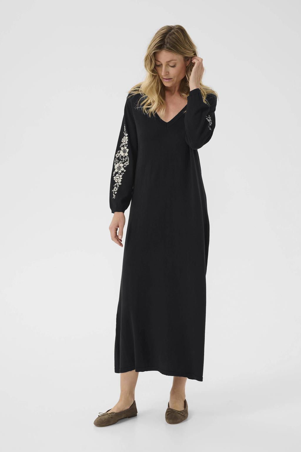 Zwarte dames Cream maxi jurk van viscose met bloemenprint, lange mouwen en V-hals