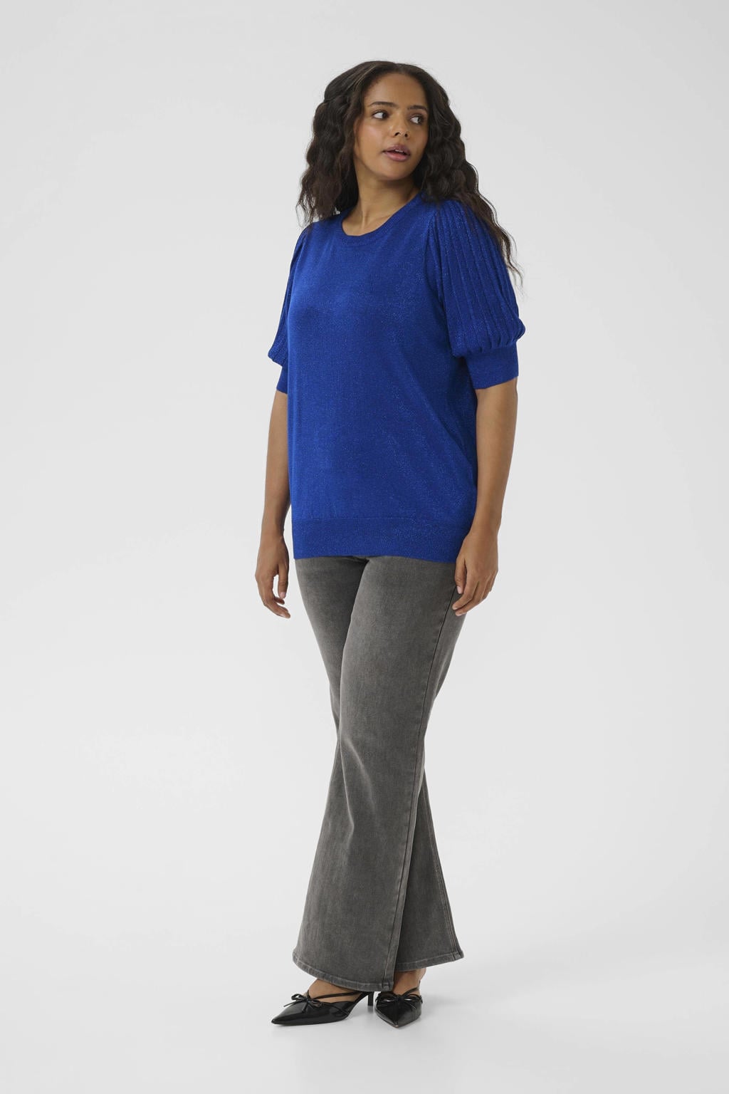 Blauwe dames Kaffe Curve top van viscose met effen, driekwart mouwen, ronde hals en lurex
