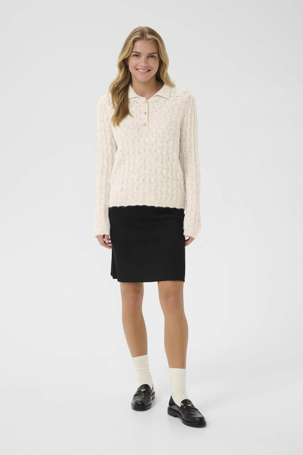 Crème dames Cream gebreide trui crème van polyester met effen, lange mouwen, klassieke kraag en knoopsluiting
