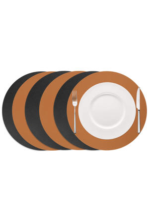 Placemats - Dubbelzijdig - Vegan leer - Cognac / Zwart ø 38 cm - 6 Stuks