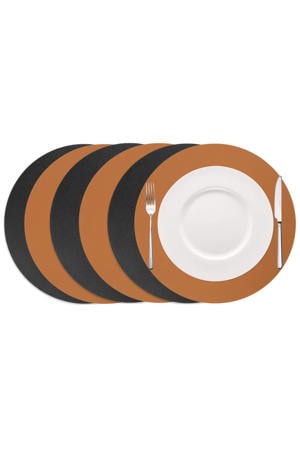 Placemats - Dubbelzijdig - Vegan leer - Cognac / Zwart ø 38 cm - 6 Stuks