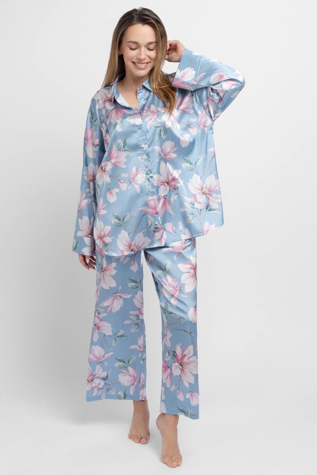 Dorina Curve satijnlook pyjamabroek Bella blauw/roze/wit