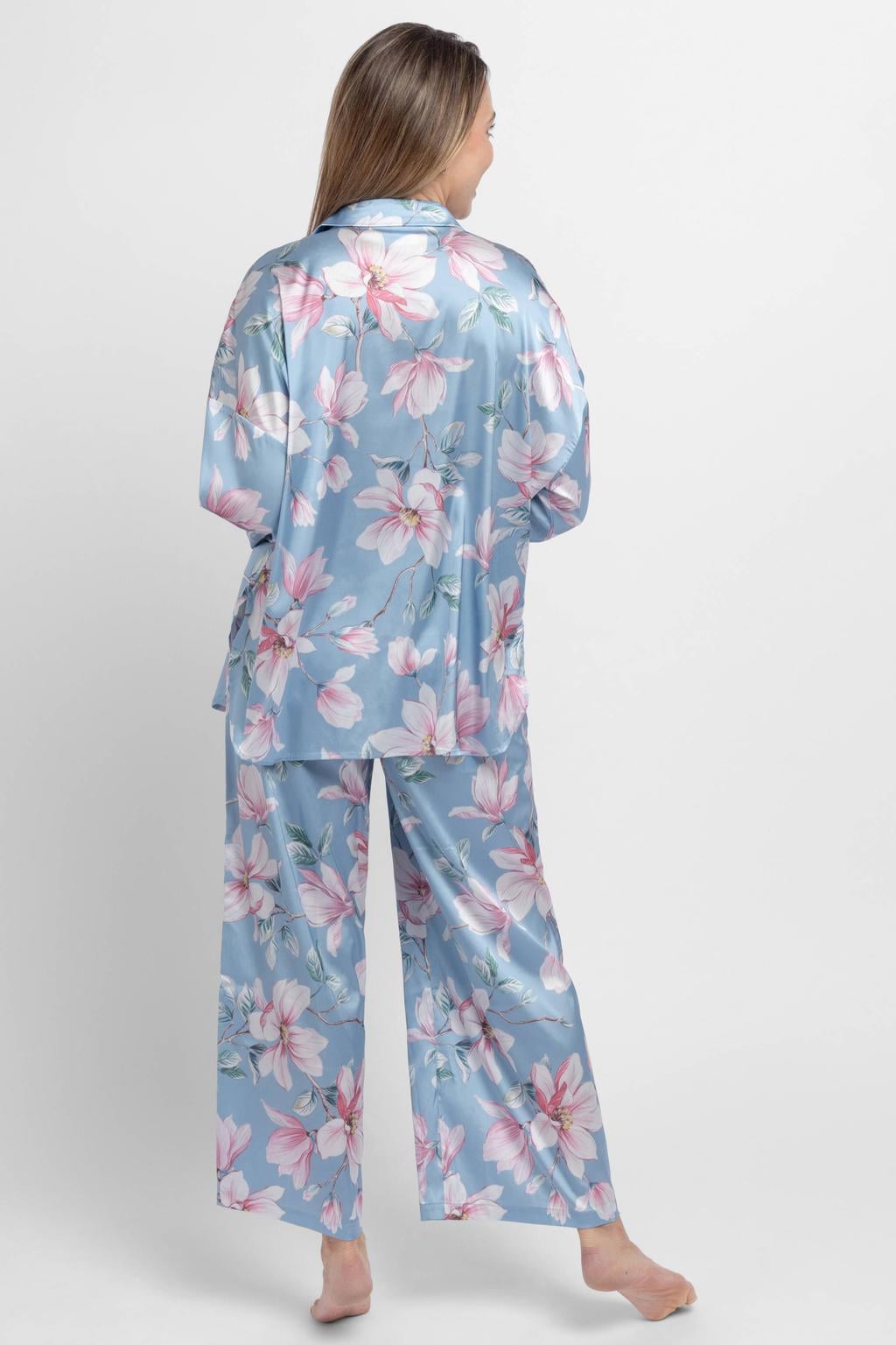 Dorina Curve satijnlook pyjamatop Bella blauw/roze/wit