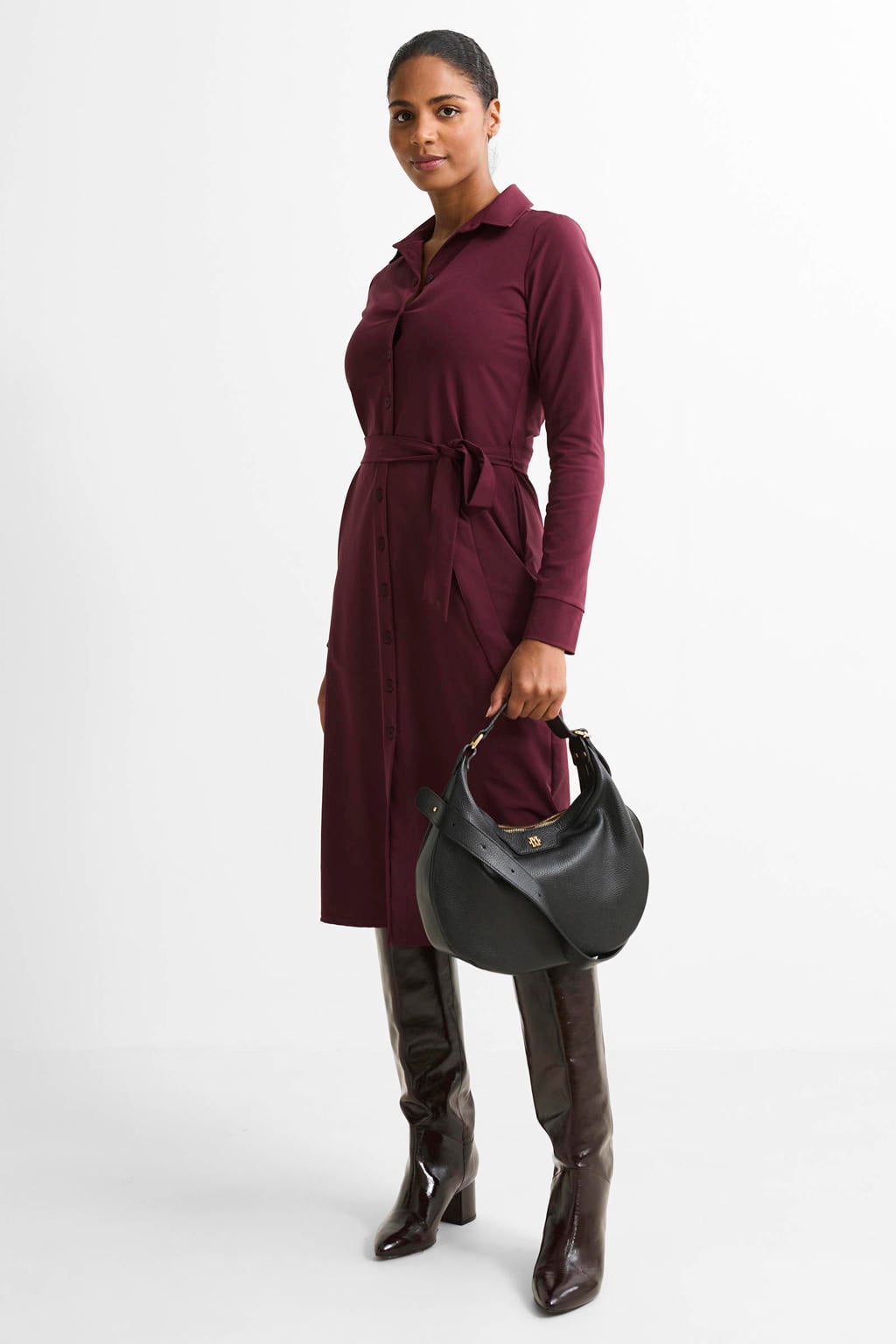 Donkerrode dames TQ-Amsterdam blousejurk van polyamide met effen, lange mouwen, klassieke kraag, knoopsluiting en ceintuur