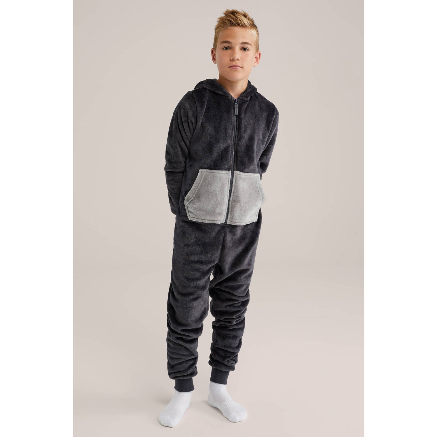 WE Fashion onesie dino antraciet grijs wit