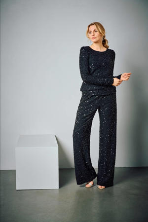 straight high waist broek zwart met pailletten