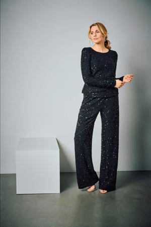 straight high waist broek zwart met pailletten