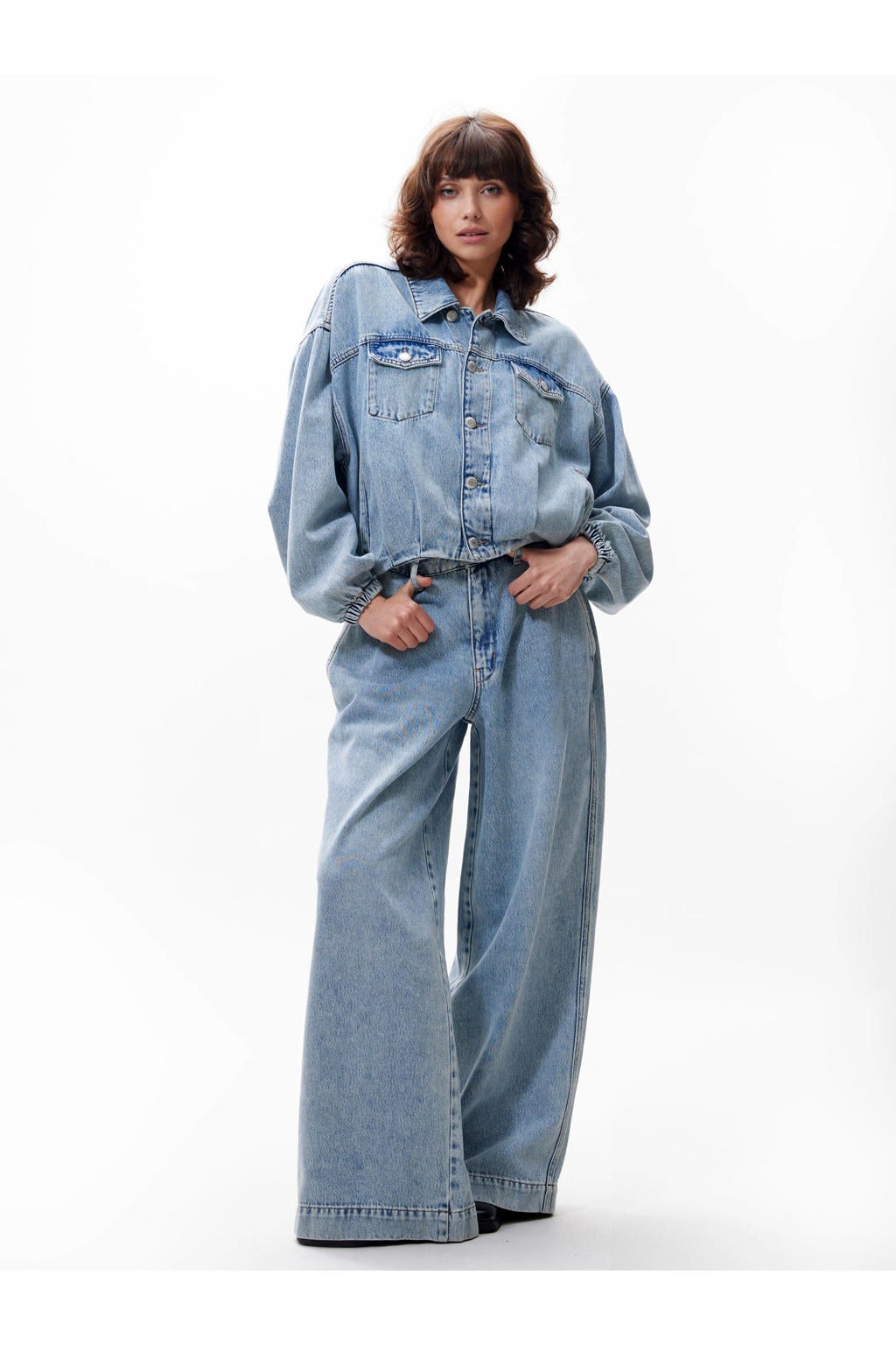 Light blue denim dames Catwalk Junkie high waist wide leg jeans van denim met rits- en knoopsluiting en effen