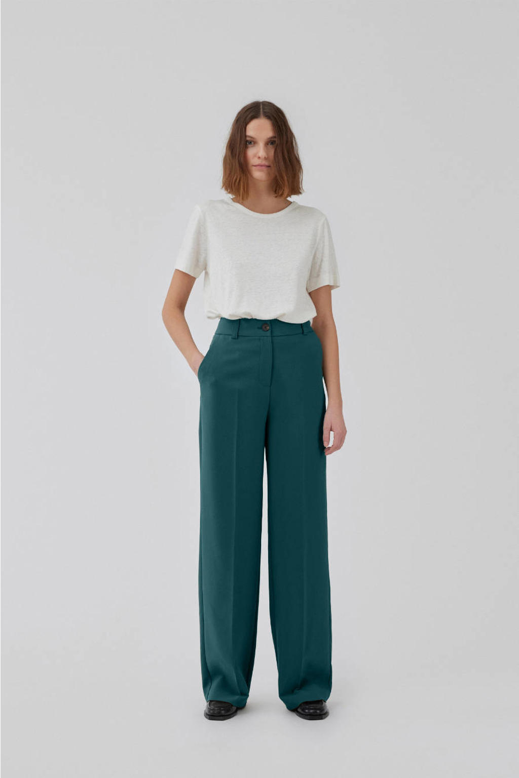 Donkergroene dames Modström straight high waist broek van polyester met rits- en knoopsluiting en effen