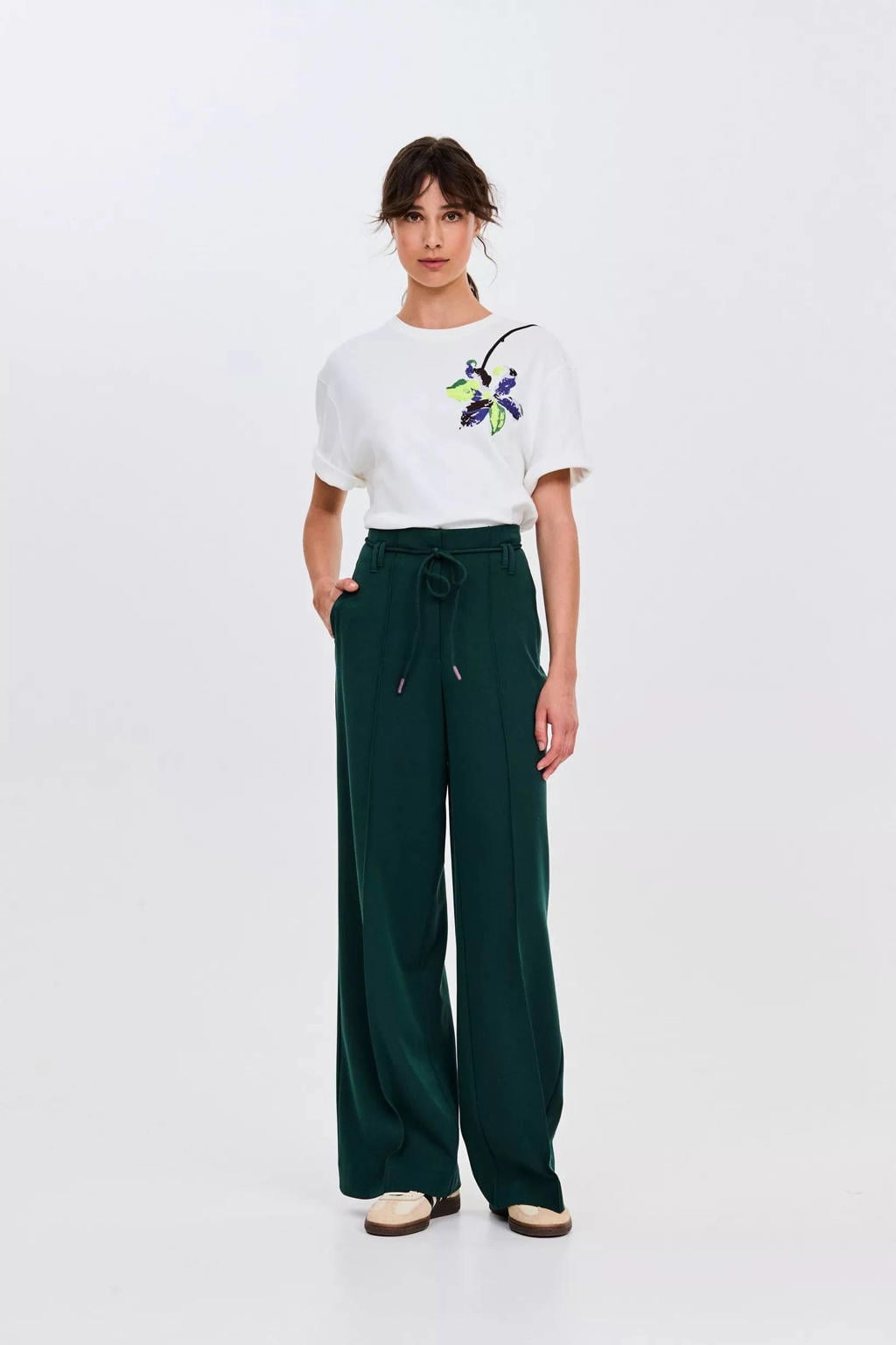 Groene dames CKS wide leg high waist broek met rits, haak- en knoopsluiting en effen