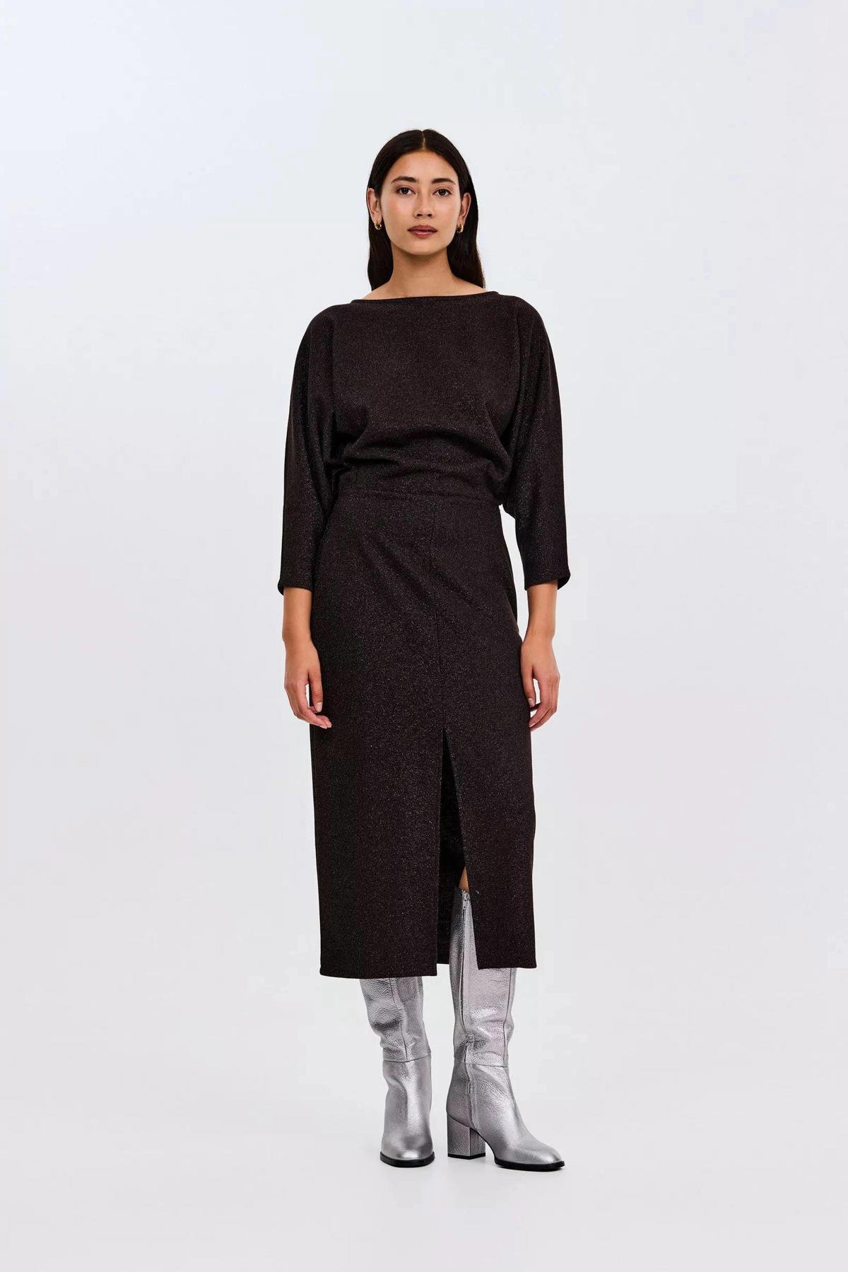 CKS midi jurk met glitter donkerbruin wehkamp