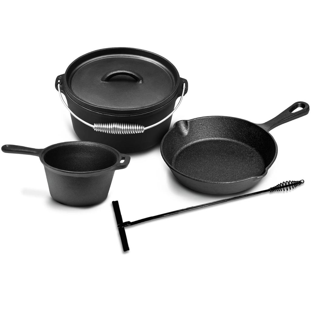 Blackwell Dutch Oven BBQ Gietijzer Set 4-Delig Braadpan + Lifter, Koekenpan ø 20 cm & Steelpan 18 cm - geschikt voor alle warmtebronnen - zonder anti-aanbaklaag