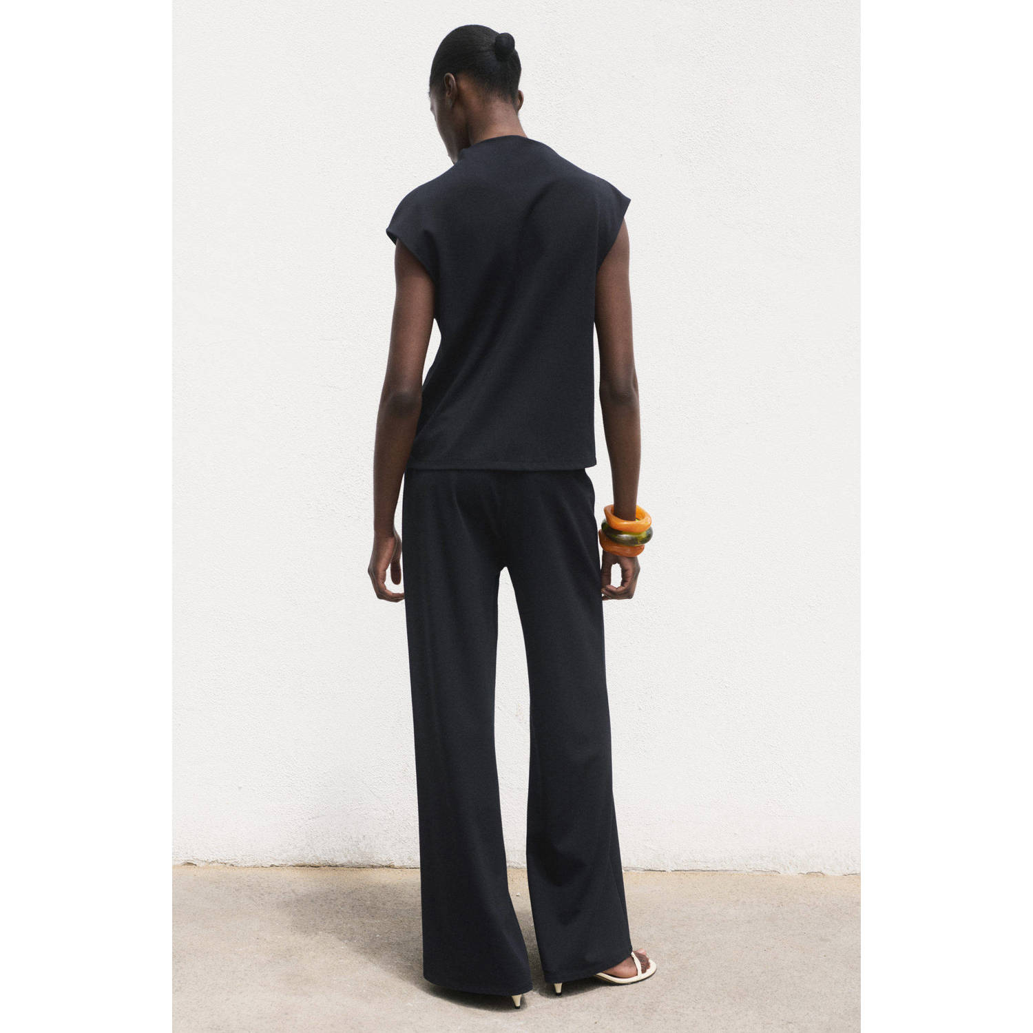 Mango wide leg high waist broek donkerblauw