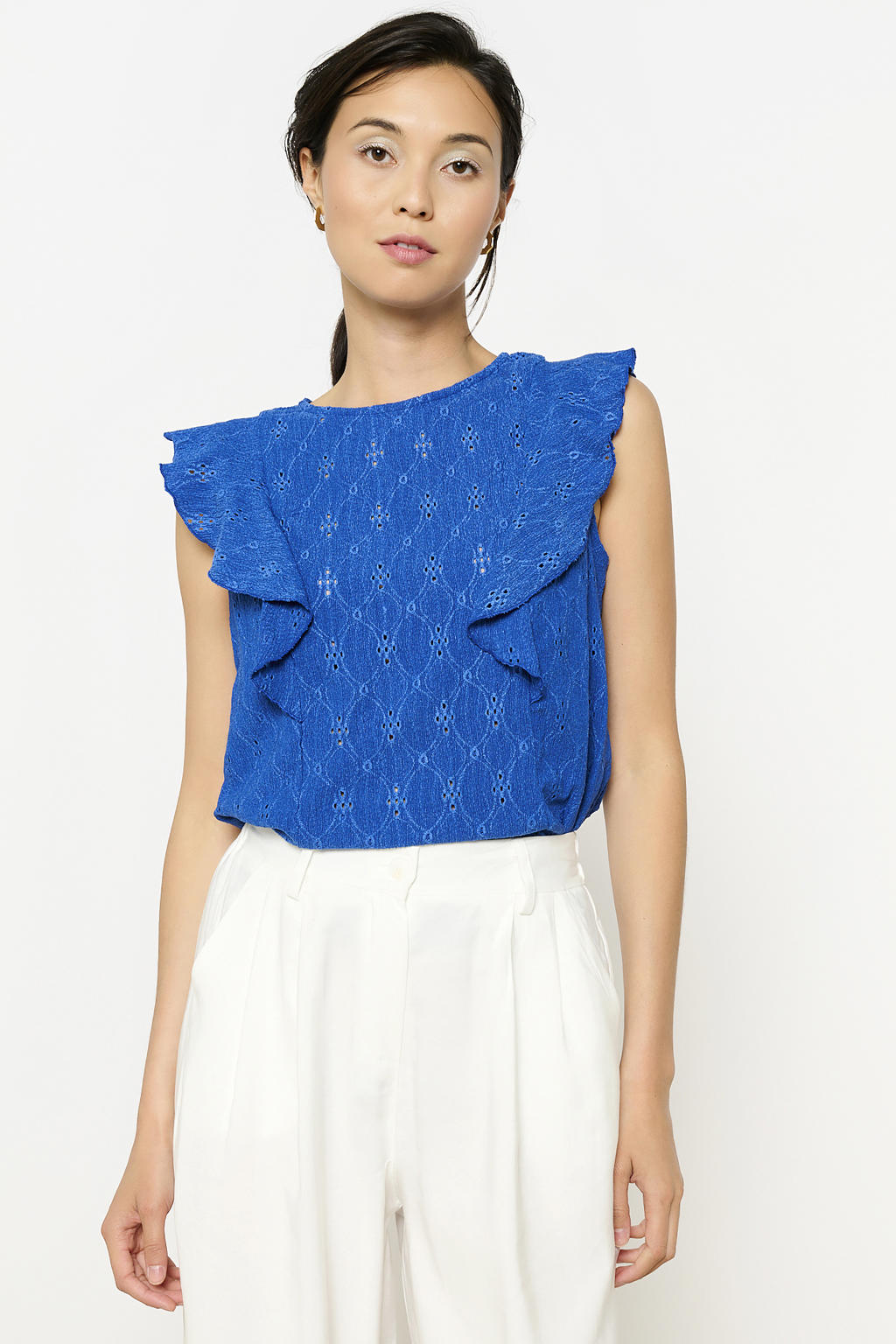 Blauwe dames LOLALIZA mouwloze top broderie van polyester met ronde hals