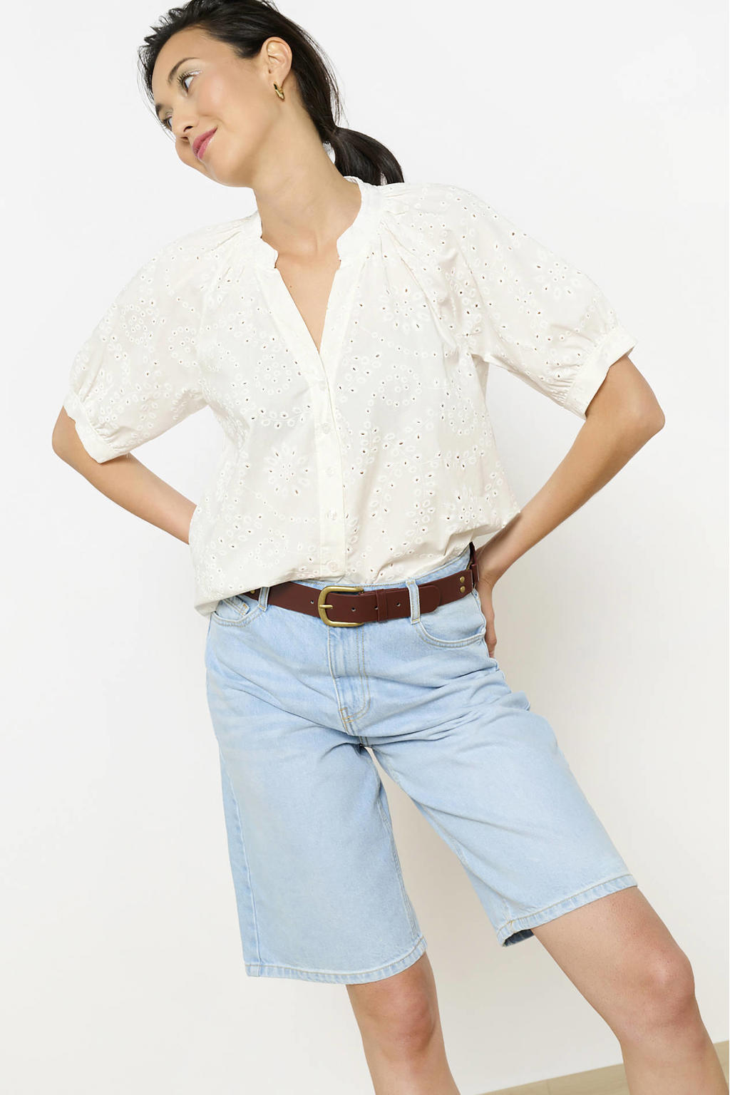 Witte dames LOLALIZA blouse broderie van katoen met effen, korte mouwen, klassieke kraag en knoopsluiting