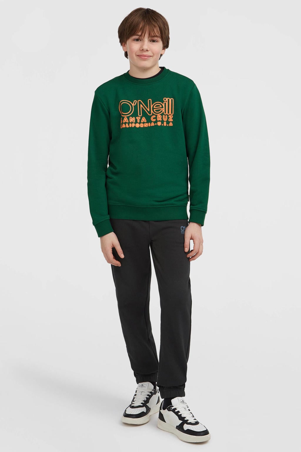 Donkergroene jongens O'Neill sweater met effen, lange mouwen, ronde hals en geribde boorden