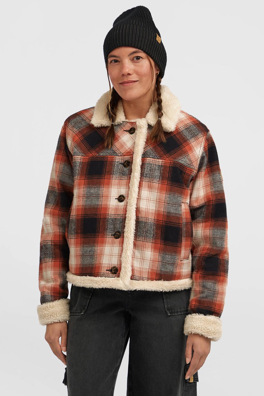 Donkerrood, zwart en witte dames O'Neill jas van flanel met ruitenprint, lange mouwen, capuchon en knoopsluiting