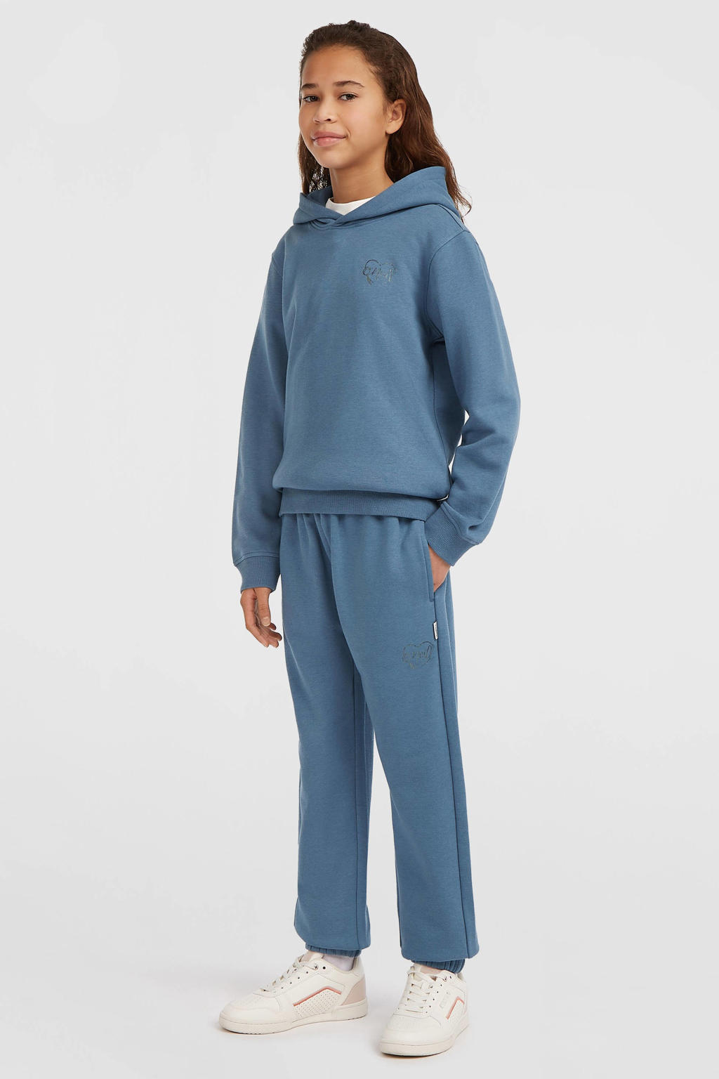 Grijsblauwe meisjes O'Neill sweater blauw met backprint, lange mouwen, capuchon en geribde boorden