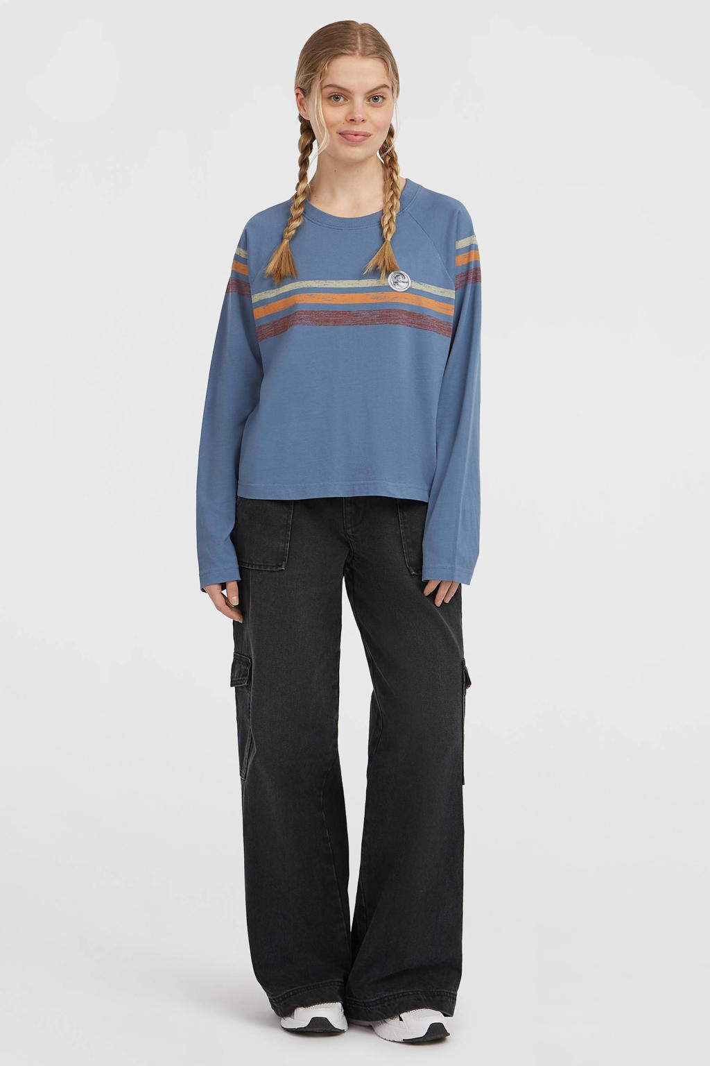 Grijsblauwe dames O'Neill top blauw van sweat materiaal met strepenprint, lange mouwen en klassieke kraag