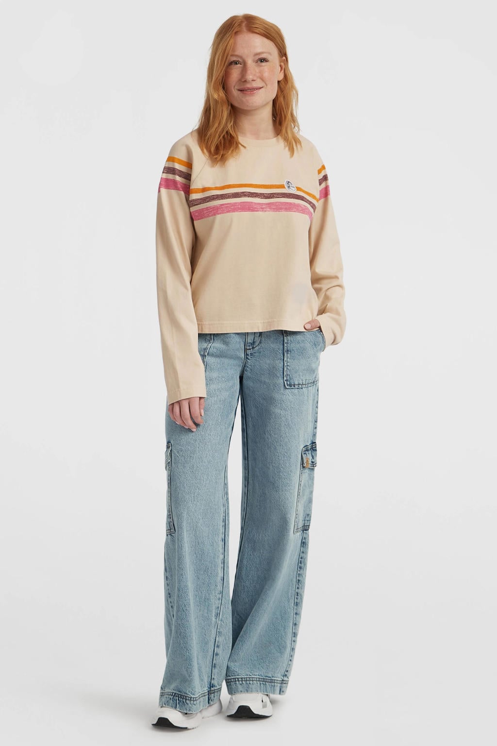 Ecru dames O'Neill top van sweat materiaal met strepenprint, lange mouwen en klassieke kraag