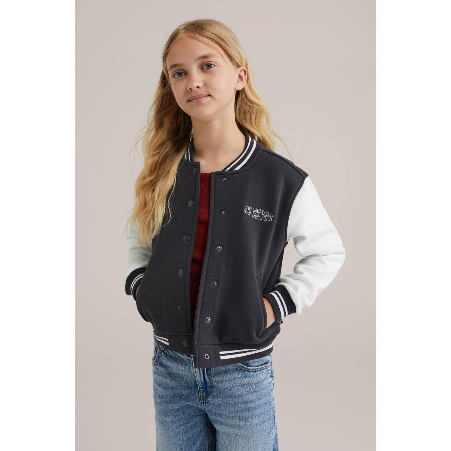 WE Fashion bomberjasje antraciet wit