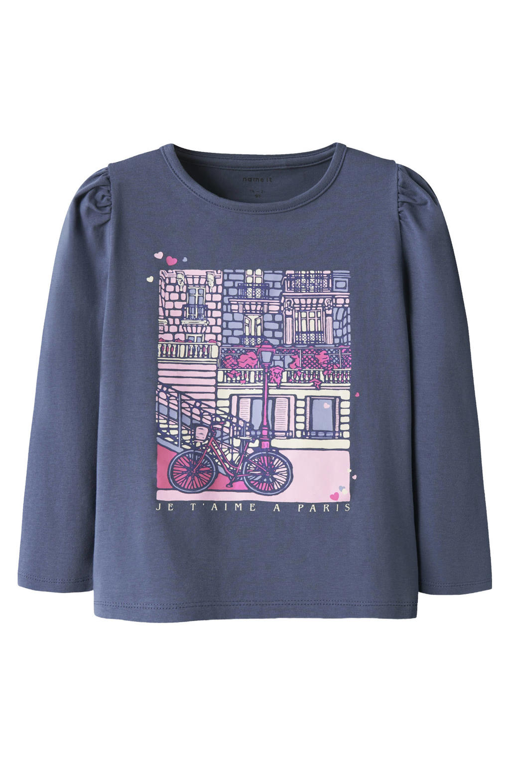 Donkerblauwe meisjes NAME IT MINI longsleeve van stretchkatoen met backprint, lange mouwen en ronde hals