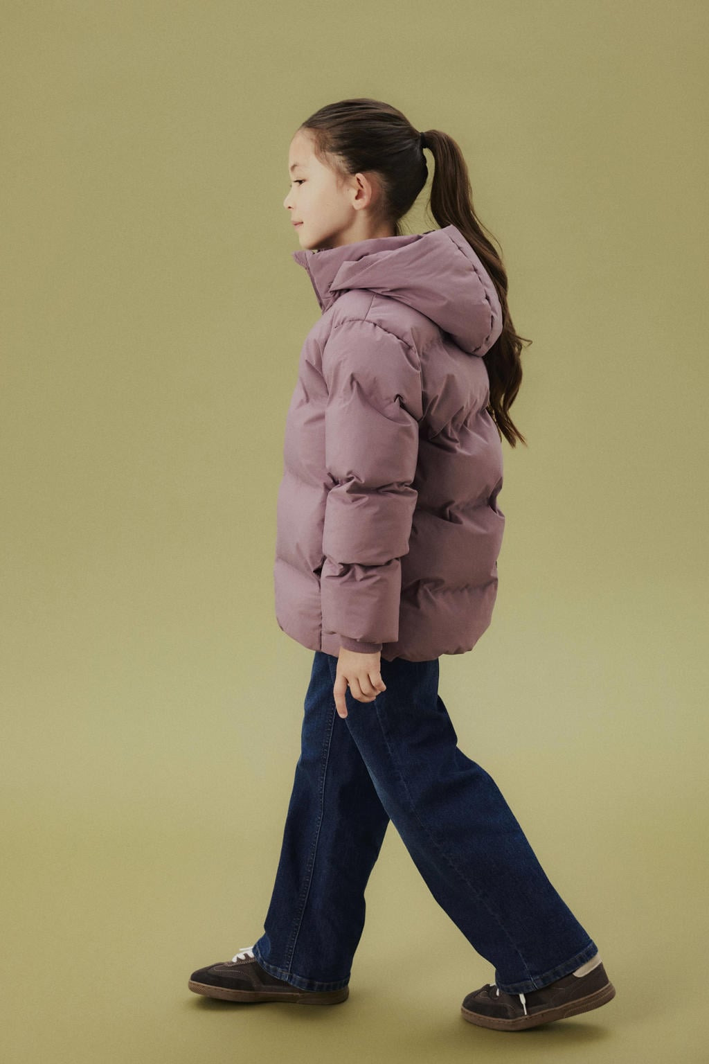 Paarse jongens en meisjes NAME IT KIDS gewatteerde jas van polyester met effen, lange mouwen, capuchon, ritssluiting en reflecterende details