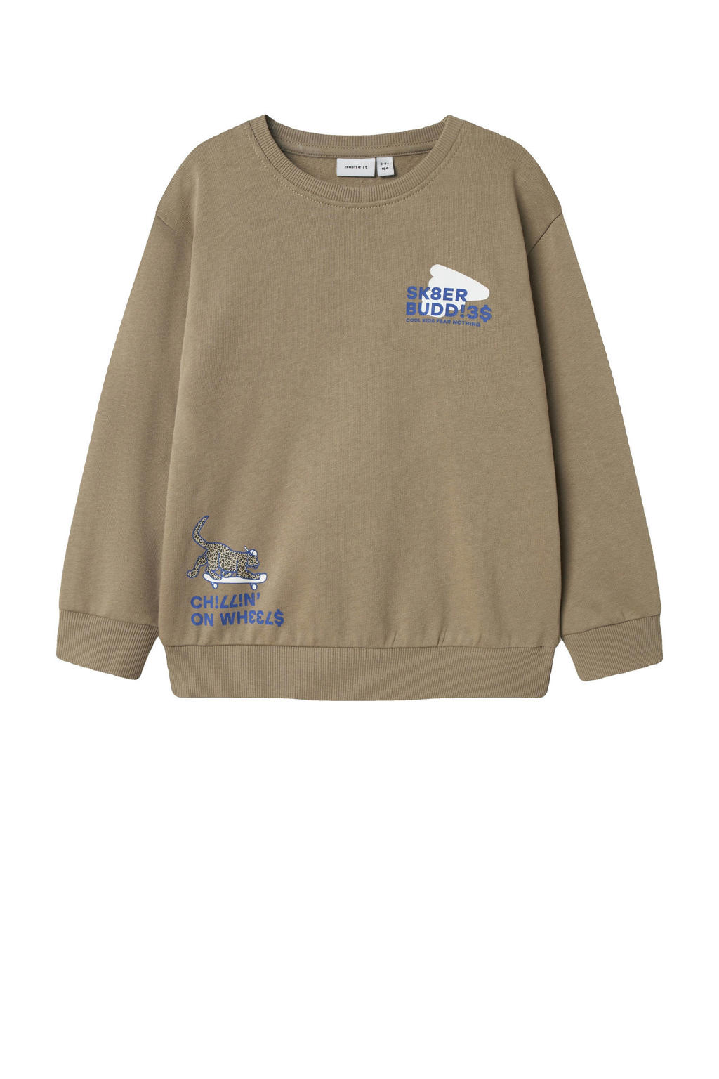 Lichtbruine jongens NAME IT MINI sweater met printopdruk, lange mouwen, ronde hals en geribde boorden
