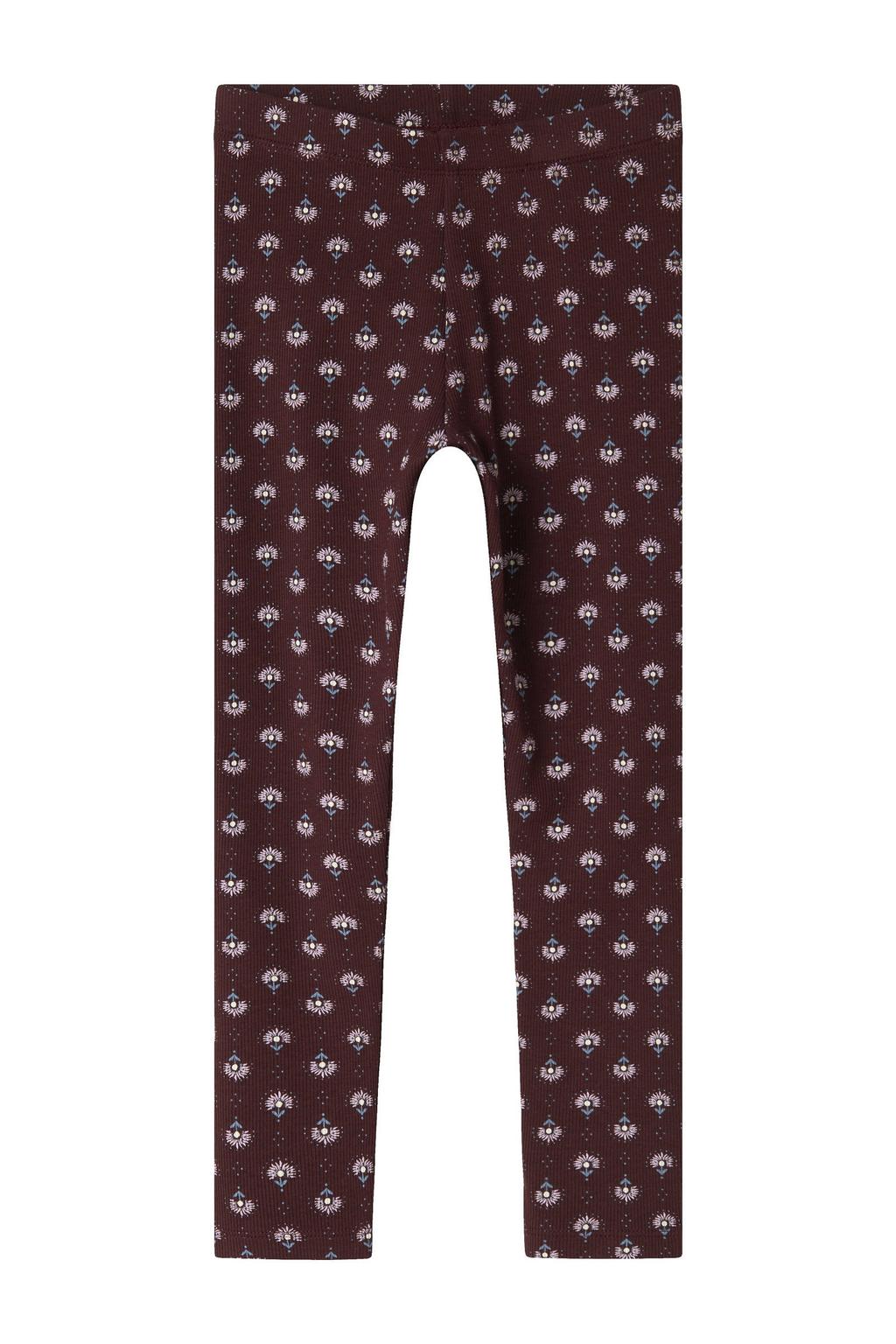 Roodbruine meisjes NAME IT MINI gebloemde legging bruin van stretchkatoen met slim fit en elastische tailleband