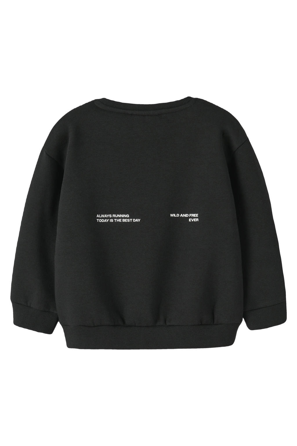 Zwarte jongens NAME IT MINI sweater met backprint, lange mouwen, ronde hals en geribde boorden